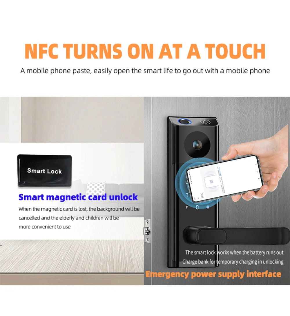 KUAX Tuya WiFi Fingerprint Key password Video electronic Cat Eye Smart lock With Camera Remote control Security Digital for home