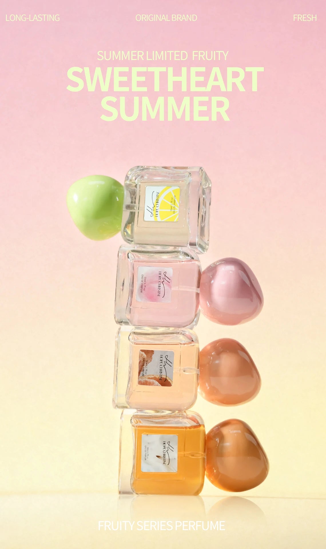 Hope Christine Summer Limited EDP: Fresh citrus, pomelo, vanilla coconut women's perfume in square glass bottles.