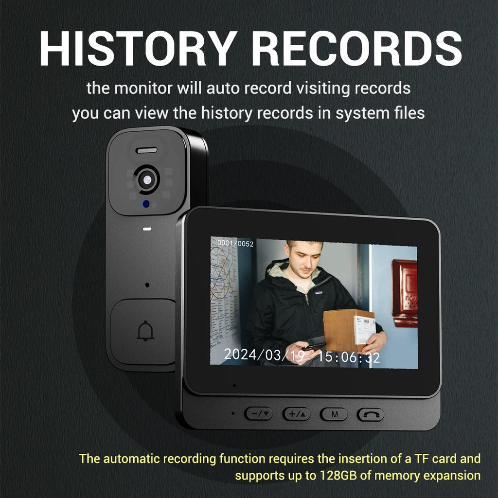 Home Security Smart Video Doorbell 4.3-inch Screen 2-Way Intercom HD Infrared Night Vision Intelligent Visual Wireless Door Bell