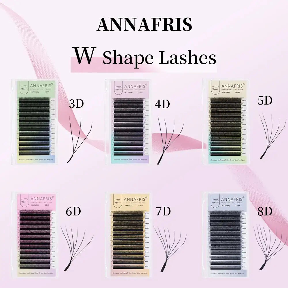 W shape individual eyelash extension trays in 3D to 8D styles, featuring black synthetic fibers for volume sets.