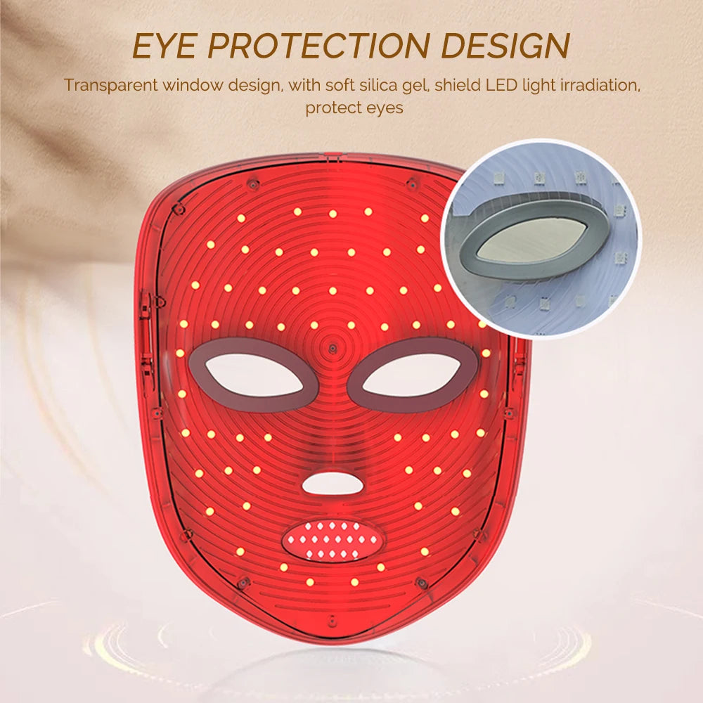 Red LED light therapy mask with silicone eye protection windows for facial skincare.