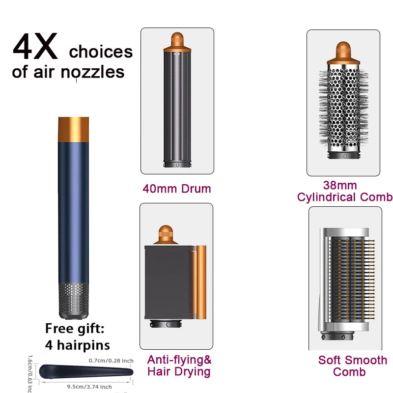 SenCiciMen 6-in-1 multi hair styler with 4 gray and gold attachments, including curling barrel and hot air brush.