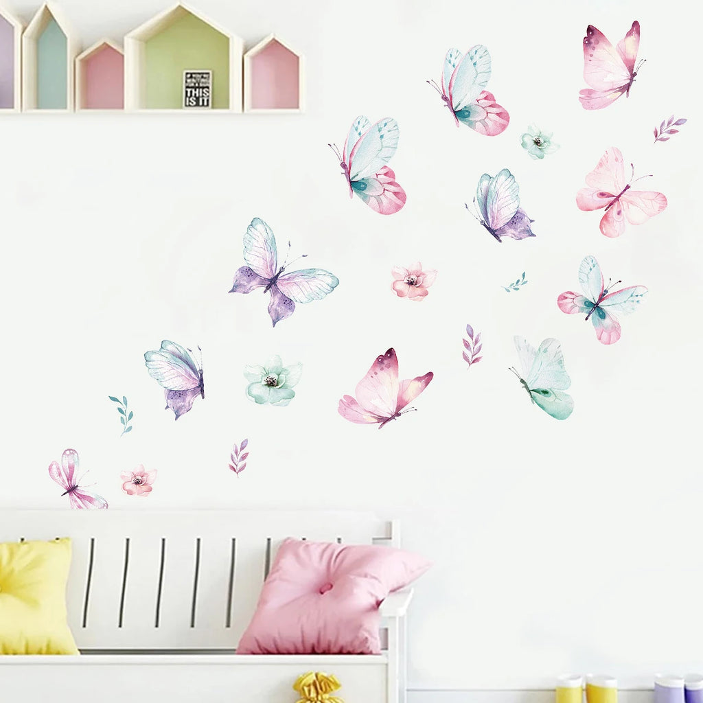 Multicolor watercolor butterfly wall stickers scattered across a bedroom wall