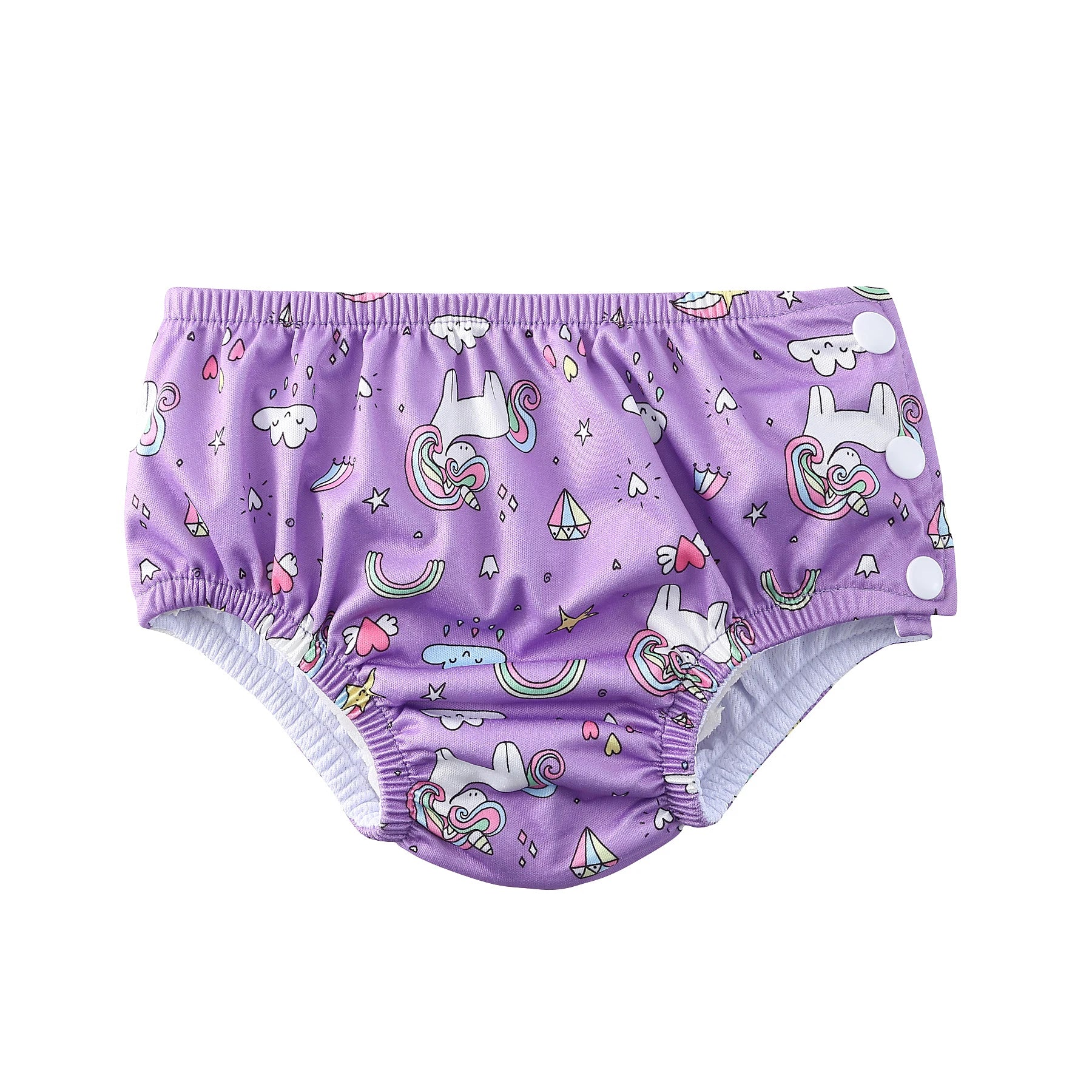 Purple reusable baby swim diaper with unicorn and rainbow print and side snaps for easy changing.