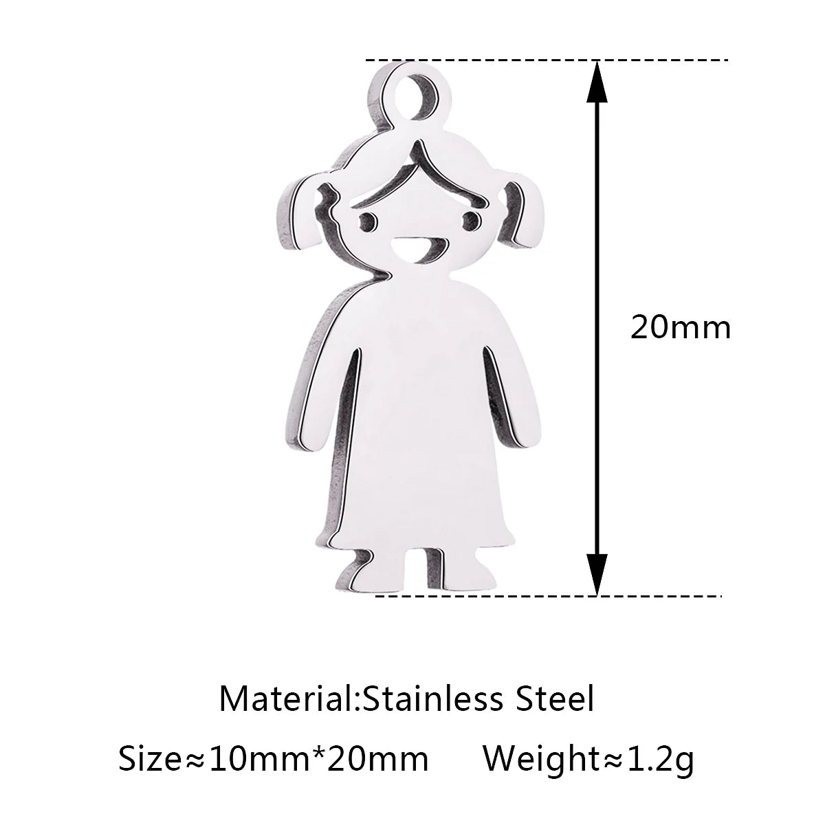 Silver stainless steel girl pendant charm for DIY pet-themed necklaces and bracelets, 10x20mm jewelry accessory.