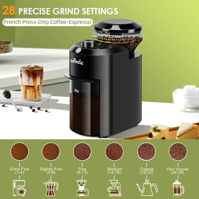 Wincls black electric burr coffee grinder with 28 precise grind settings and large hopper on a kitchen counter.