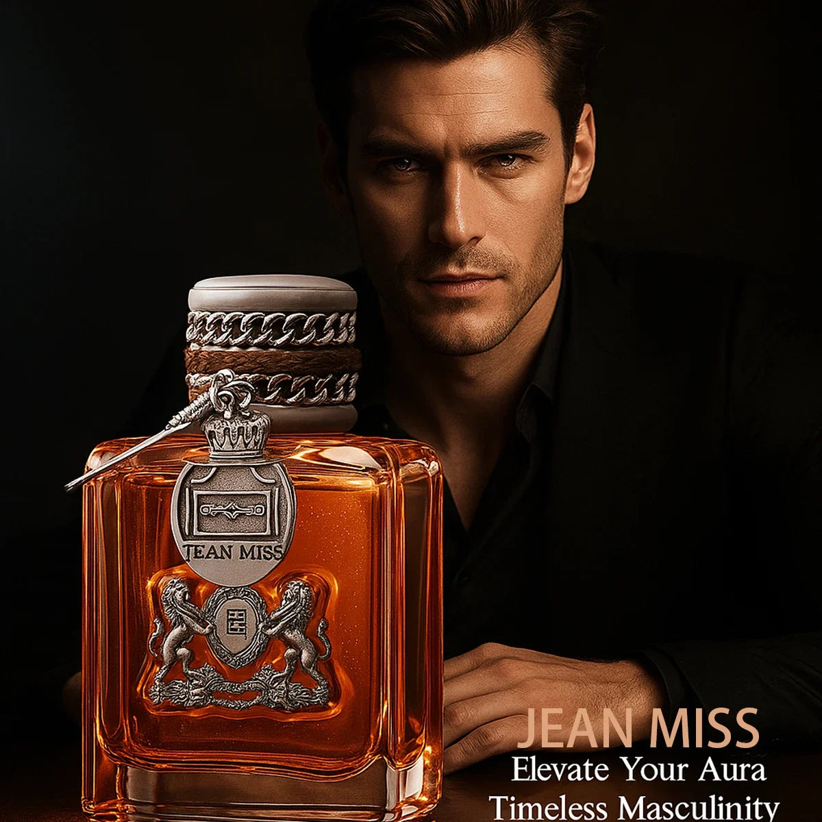 JEAN MISS woody EDT for men. Luxury 100ml perfume, square glass bottle with decorative silver lion crest and chain cap.