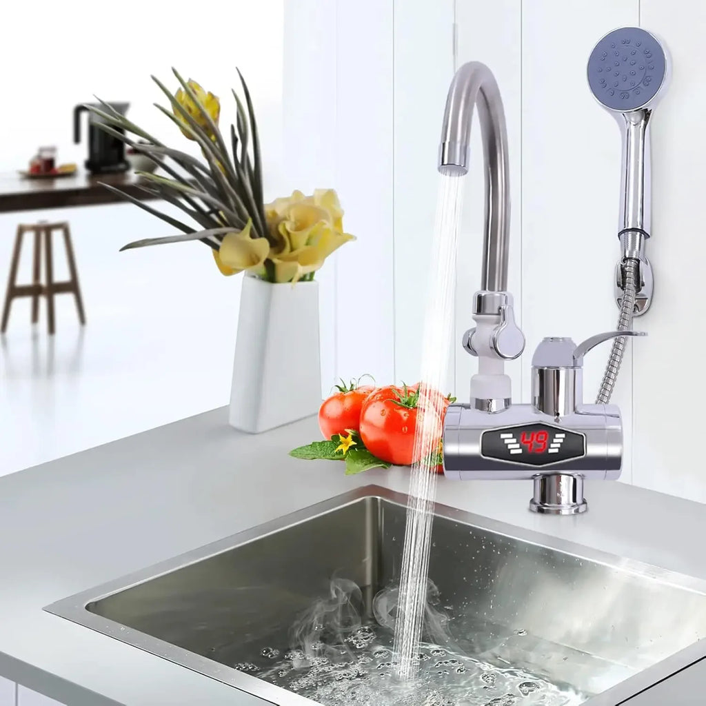 Electric Faucet, Stainless Steel Quick Heating 3000W, Kitchen Faucets with LCD Temperature Display, IPX4 Waterproof, Water Flow Control, EU Standard