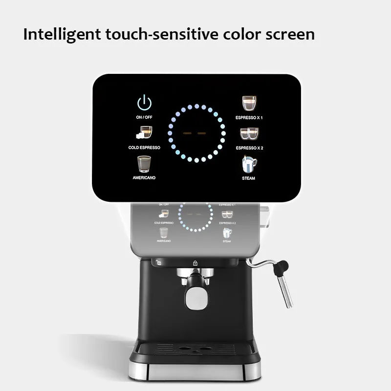 Silver and black espresso machine with intelligent touch-sensitive color screen and steam wand.