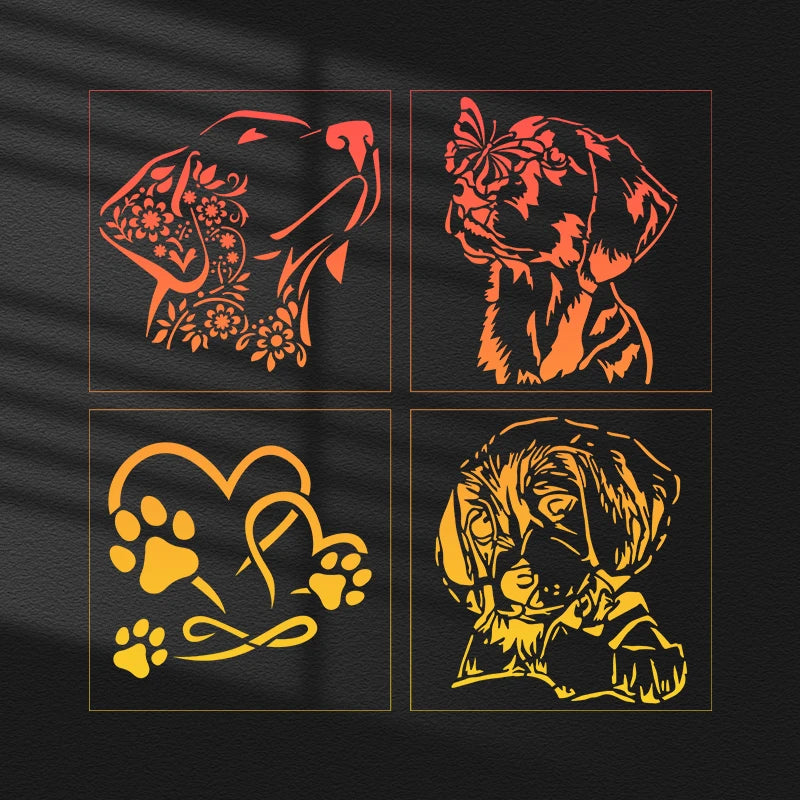 Set of 4 reusable dog-themed PET plastic stencils for DIY pet crafts, painting, and wall art decoration.