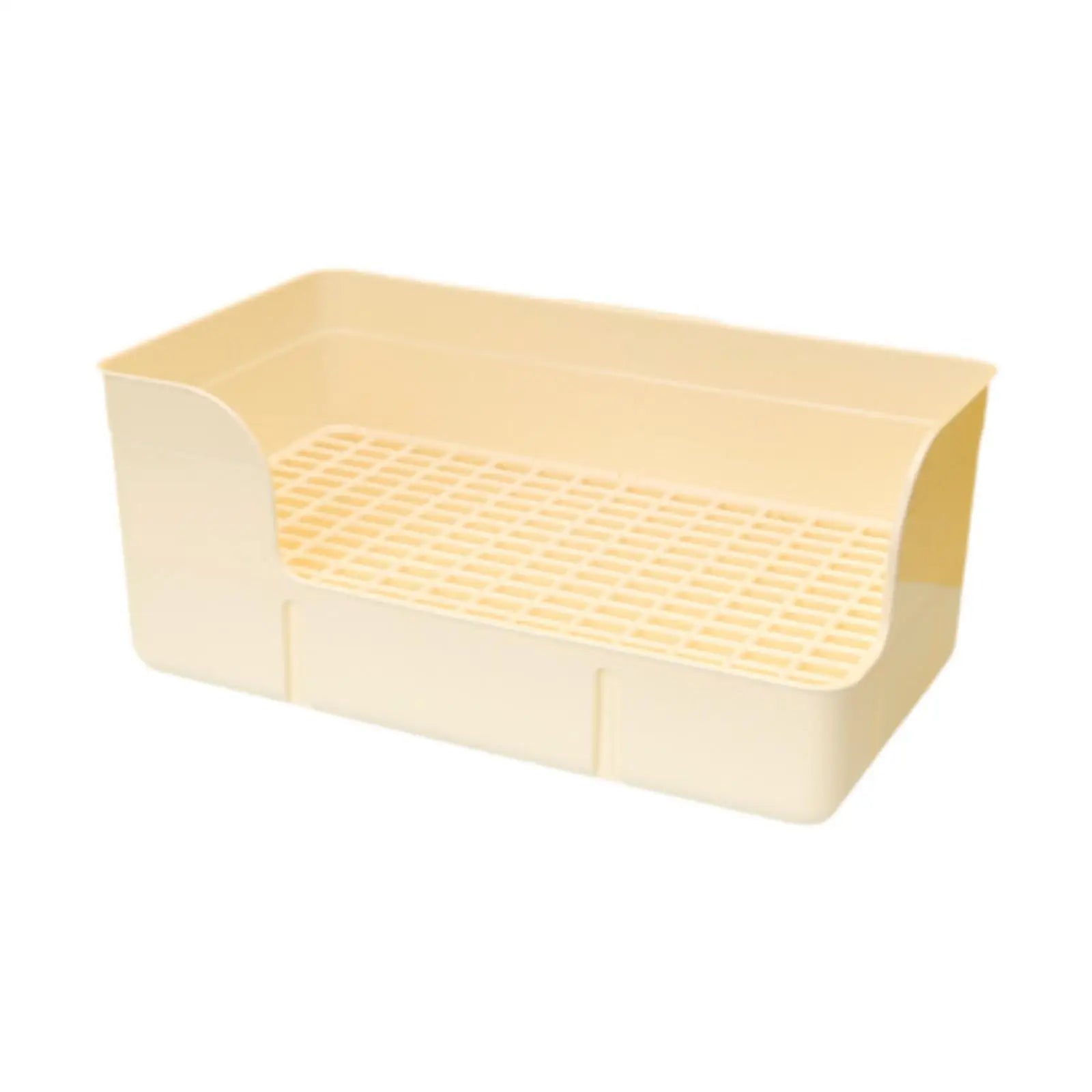 Cream-colored plastic rabbit litter box and small animal toilet with a grid tray for easy cage cleaning.