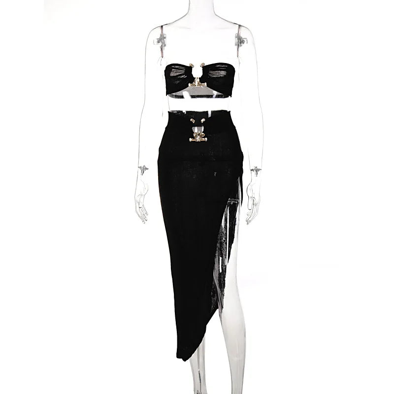 Velvet Sexy Strapless Crop Tube Top High Waist Slit Maxi Dress 2 Pcs Suits 2024 Fall Women Fashion Streetwear Vestido
