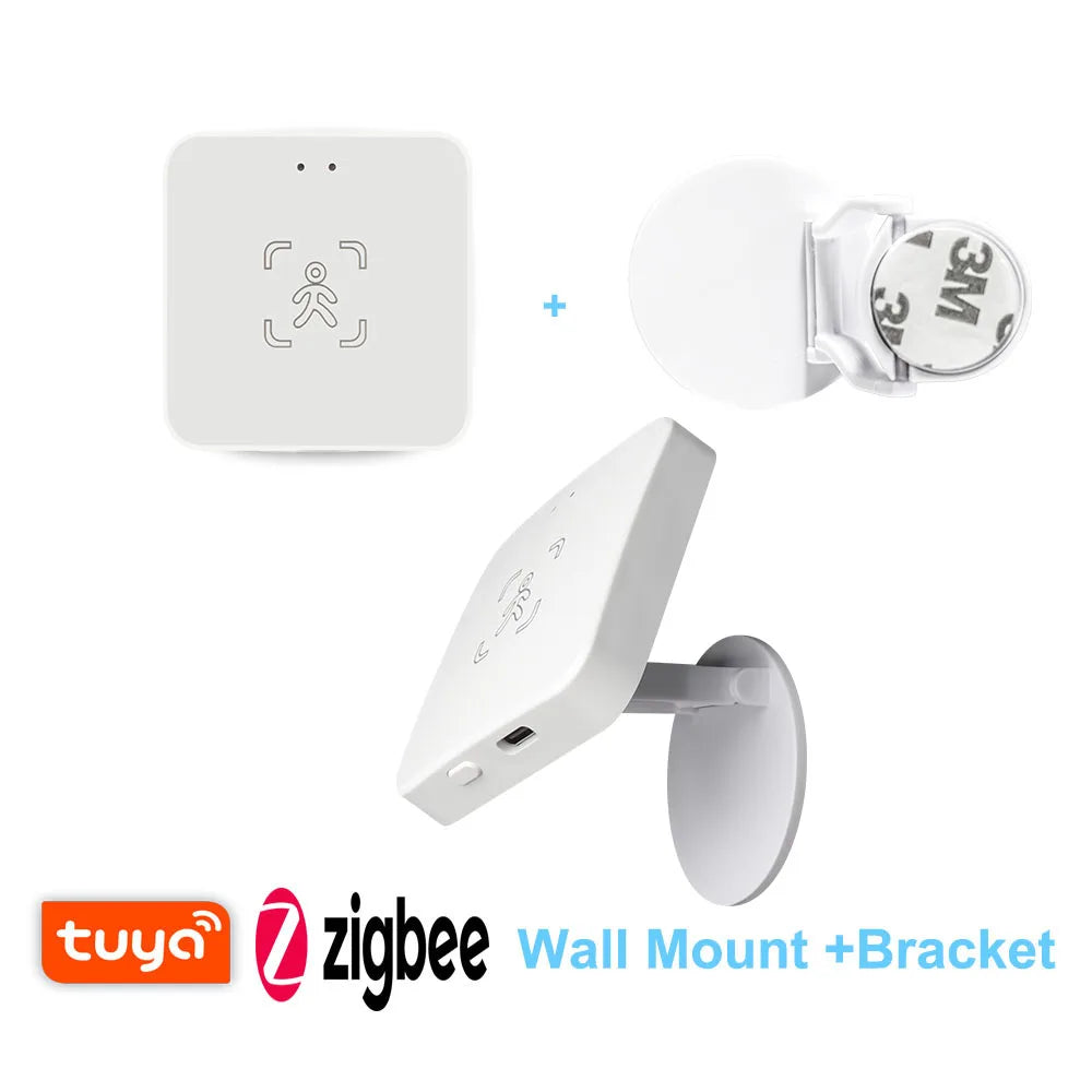 White square Tidesmit human presence sensor with wall mount, featuring a person icon and Zigbee/Tuya branding.