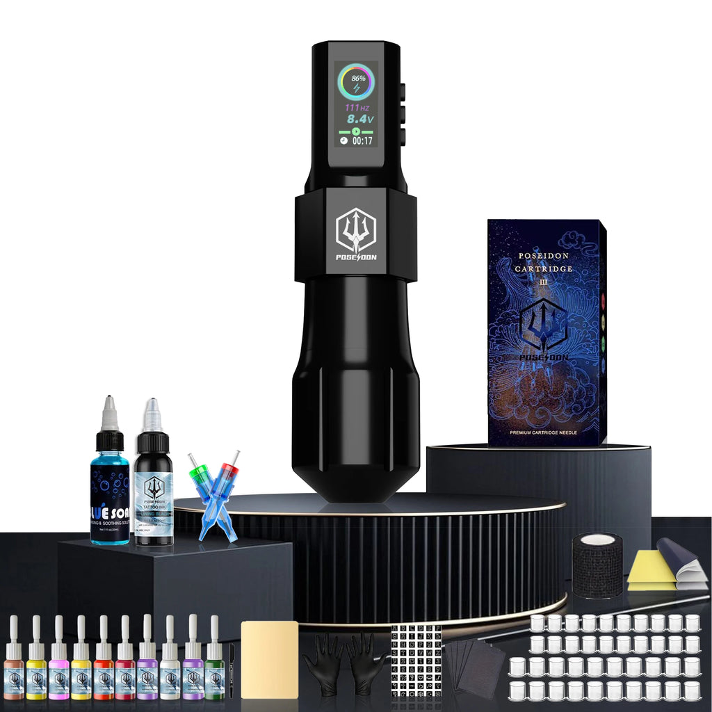 Black wireless tattoo pen kit with digital screen, tattoo ink, needle cartridges, gloves, and caps for professional use.