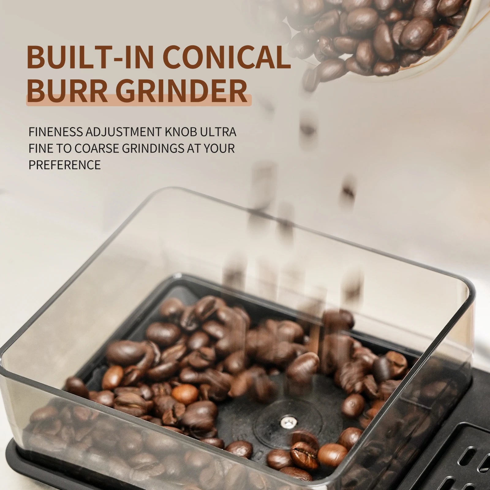 Clear coffee bean hopper on a coffee maker with built-in conical burr grinder for adjustable grind settings.