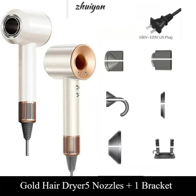 White and gold leafless negative ion hair dryer with 5 magnetic nozzles, wall-mounted bracket, and US plug.