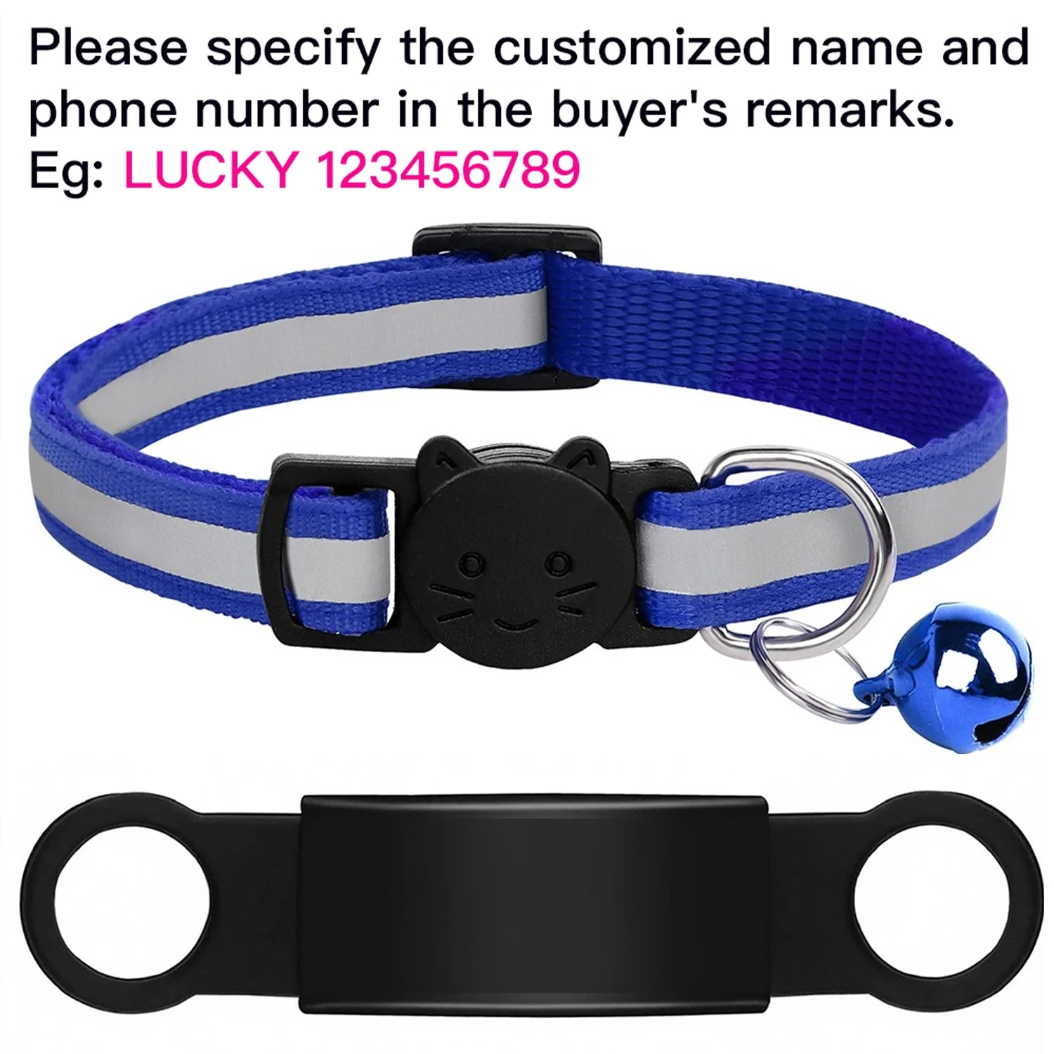 Reflective blue cat collar with ID tag and bell for safe, personalized anti-lost puppy and kitten identification.