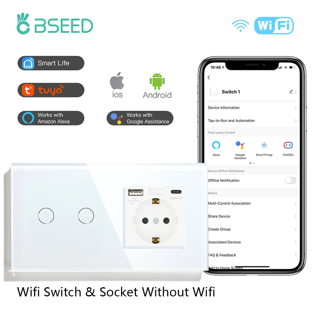 WiFi Smart Wall Switch with USB-C Port - Glass Panel Tidesmit 2Gang Type-C Socekt EU standard Tidesmit