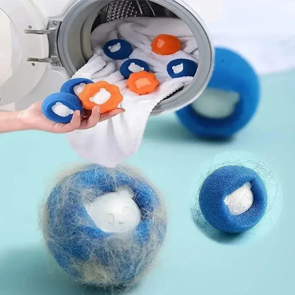 Laundry hair catcher sponge balls trapping pet fur in a washing machine with clothes and another covered in pet hair.