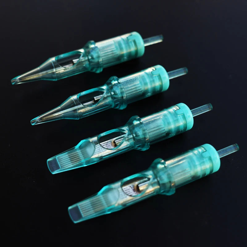 Green Viper PMU tattoo cartridge needles for lip makeup and SMP in transparent teal plastic, set of four.