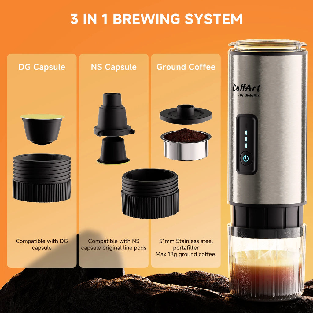 CoffArt by BioloMix 3-in-1 portable espresso maker in stainless steel, compatible with DG, NS pods, and ground coffee.