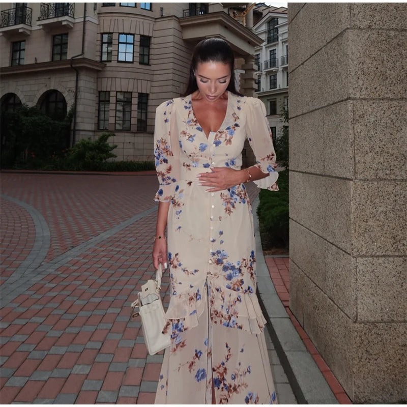 Printed Lace Patchwork Maxi Dress Women V-Neck Half Sleeve Single Breasted Lace Up Long Dresses 2026 Summer All-match Lady Robes