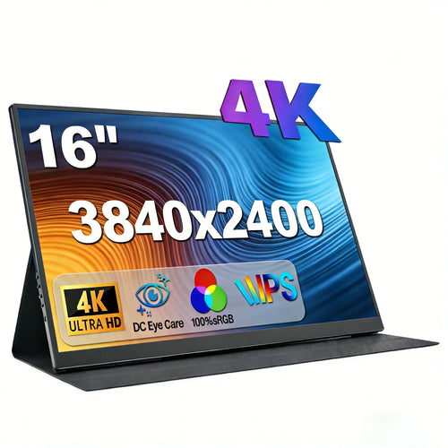 16-inch 4K portable monitor with thin black bezels and a protective folding stand, angled on a white background.