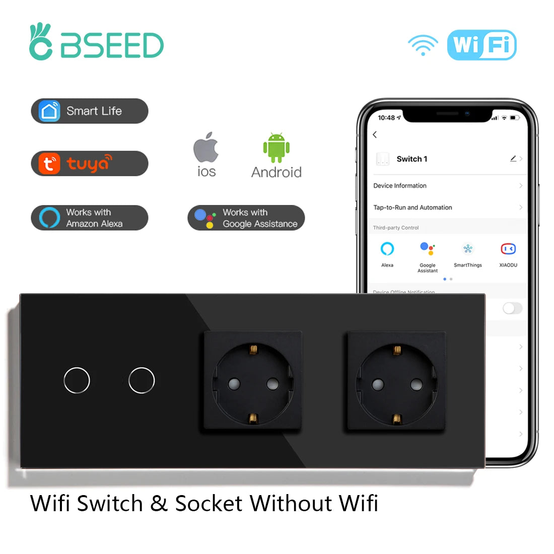 Wifi Smart Light Switch | 1-3 Gang Touch Control | Alexa & Google Compatible 2G Double Socekt EU standard Tidesmit