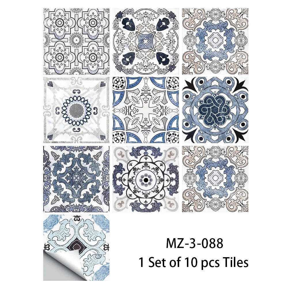 Waterproof non-slip tile floor sticker set with light blue and grey circular ornamental patterns