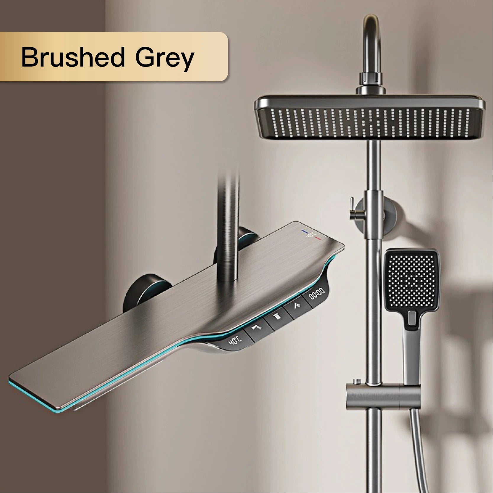 Luxury Brass Gun Gray Shower System Intelligent LED Digital Display Constant Temperature Design, Dual Control Bathroom Faucet