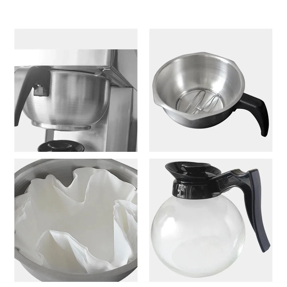 Stainless steel coffee maker parts: basket, paper filter, and glass carafe with black handles, isolated on white.