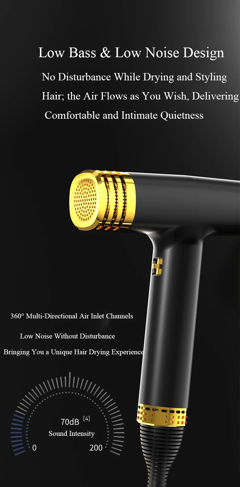 Black and gold professional hair dryer with low-noise design, constant temp, and 360° air inlet for fast styling.