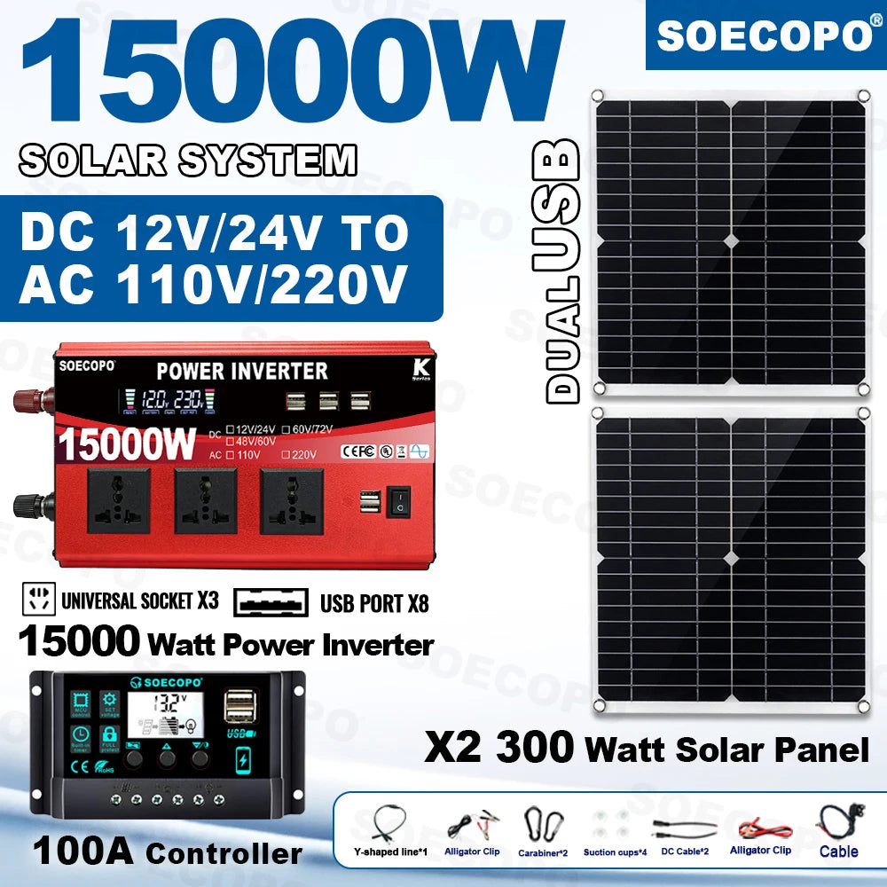SOECOPO 10000W Solar Power Full Kit DC 12V - AC 110V 220V Inverter 100A Controller 2*600W Panels for Home System Camping