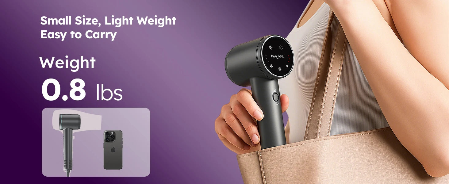 Compact black high-speed hair dryer with negative ion tech, 0.8 lbs, fits in bag for fast travel drying.