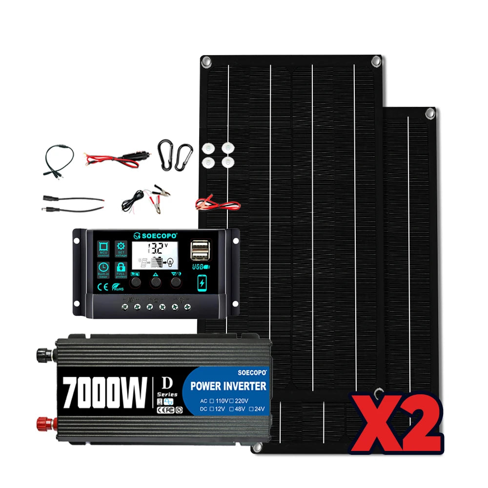 SOECOPO 7000W Peak Solar System Kit 2x800W Panels 100A Controller DC 12V To AC 110V 220V Inverter Generator for Home Camping