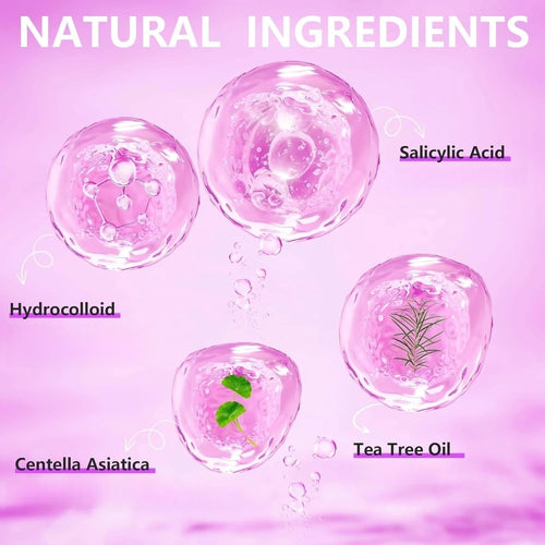 Hydrocolloid star-shaped acne patch ingredient graphics with salicylic acid and tea tree oil