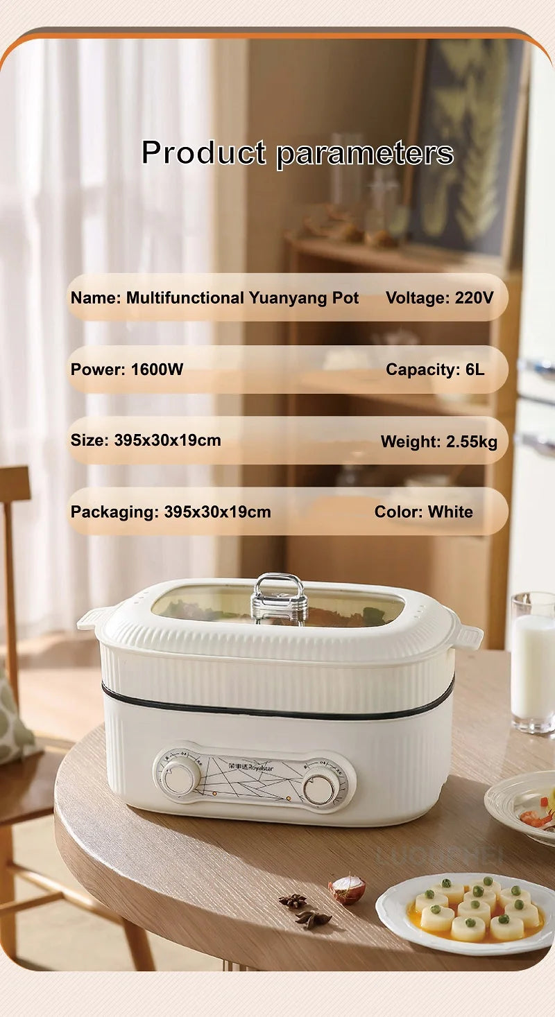 6L multifunction electric cooking pot parameters with white body and dual-control knobs, steamer lid