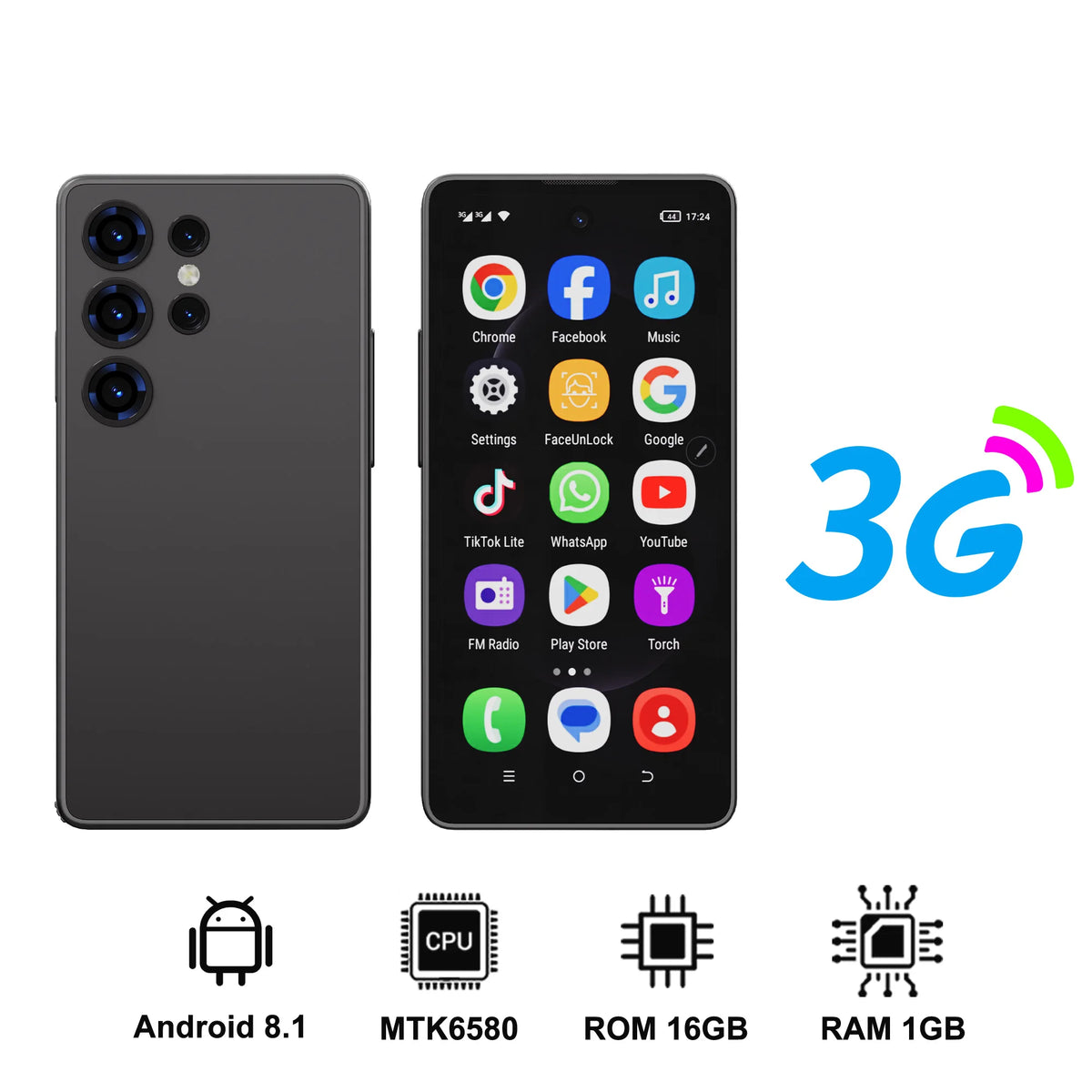 Black mini smartphone, front and back views, 3G and RAM 1GB icons displayed.