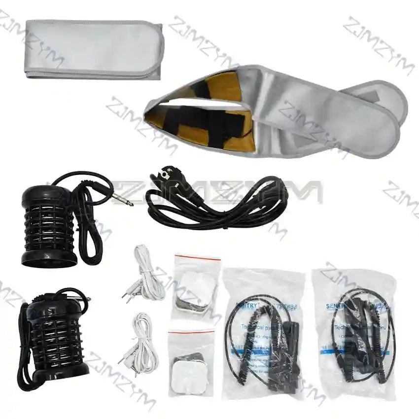 Ionic detox foot spa set with silver wrist straps, two black ion arrays, power cords, electrode pads, and cables.