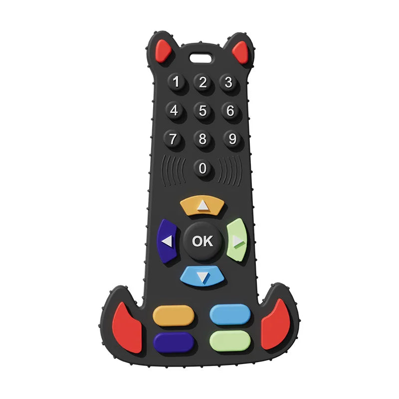 Black silicone remote control baby teething toy for soothing sore gums.