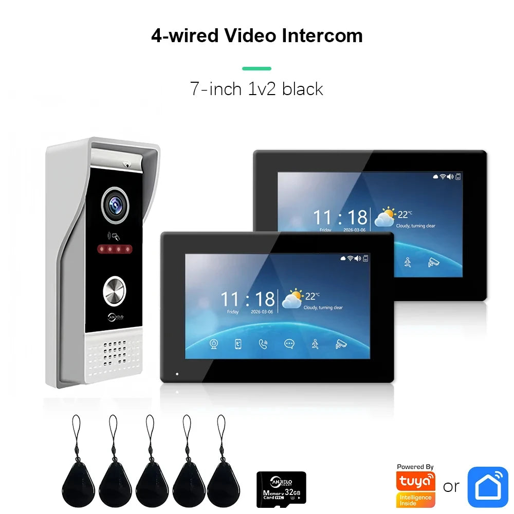 7-inch 4-wire video intercom kit with black indoor monitor, door unit, and key fobs