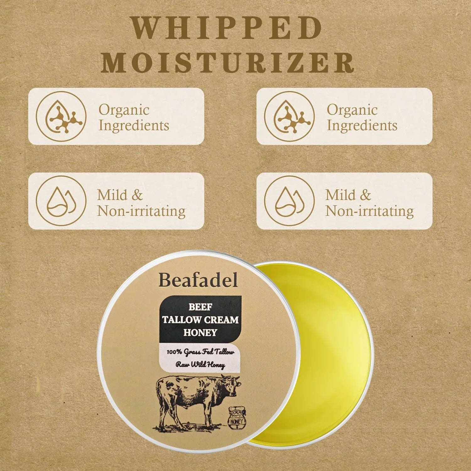 Beef Tallow Face Moisturizer Whipped Beef Tallow & Honey Balm Face & Body Skin Care Grass Fed Grass Finished Face Cream 100g