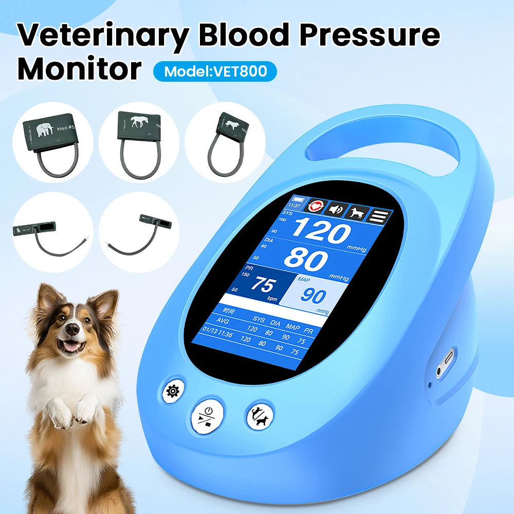 VET800 Veterinary Blood Pressure Monitor NIBP Pet Tensiometer 4.3" Touch Screen 5 Cuffs Bluetooth Portable Vet Sphygmomanometer