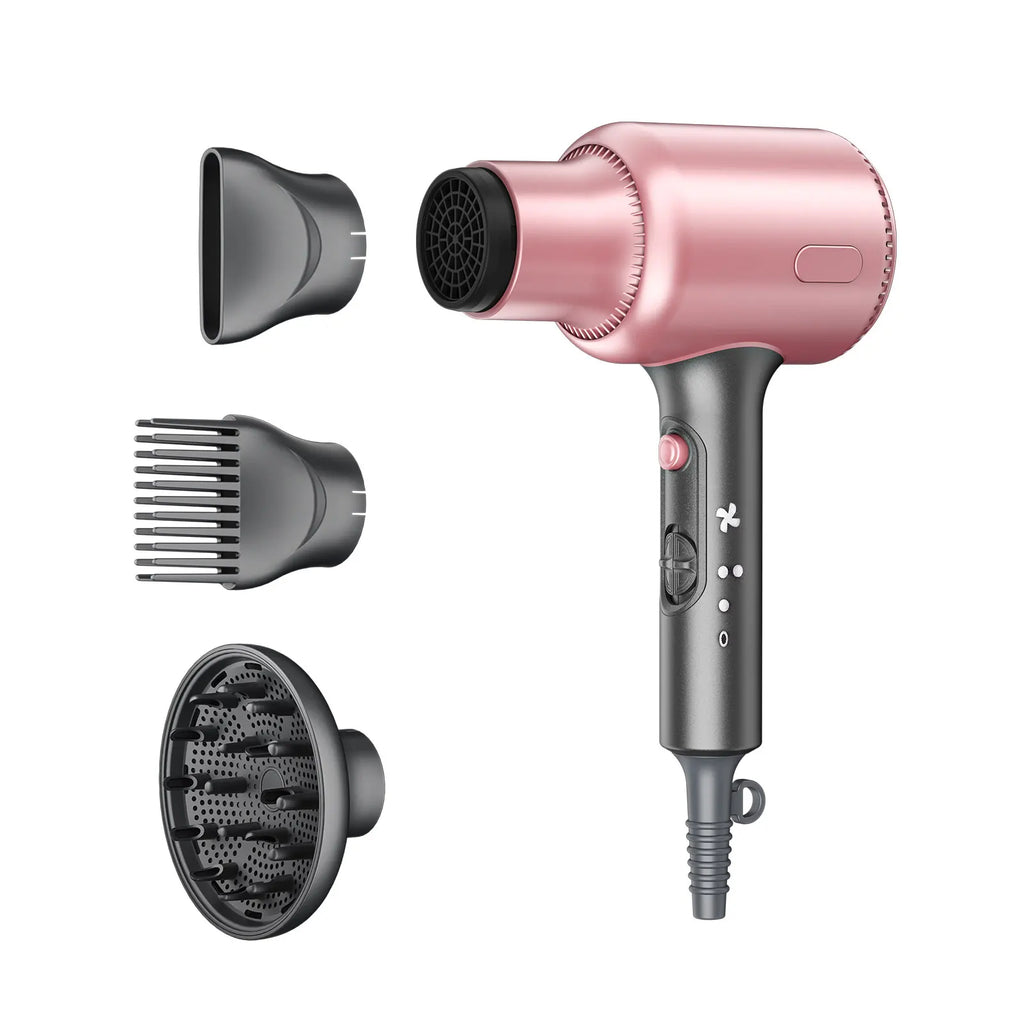 Rose gold 1600W ionic hair dryer with three styling attachments, diffuser, and variable speed settings for fast drying.