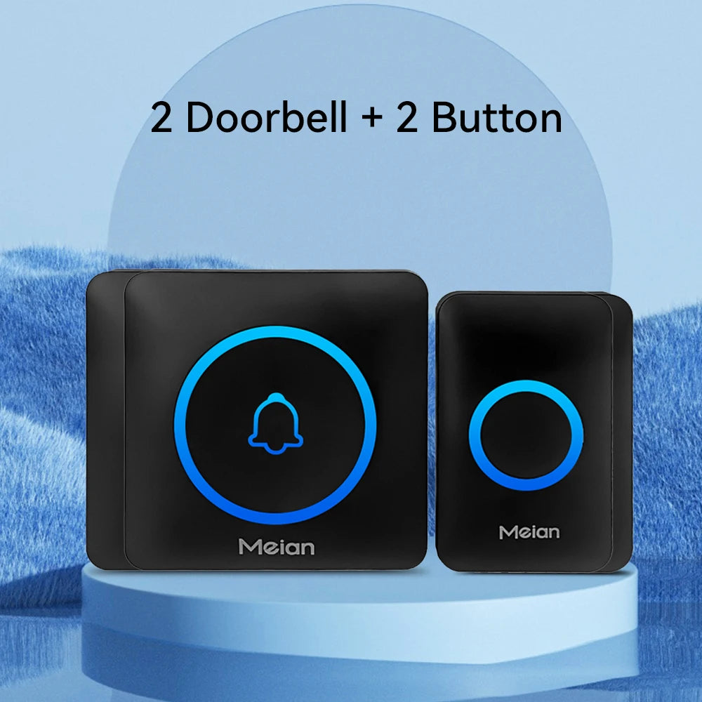 Black smart doorbell receiver and two wireless buttons with blue bell and ring icons