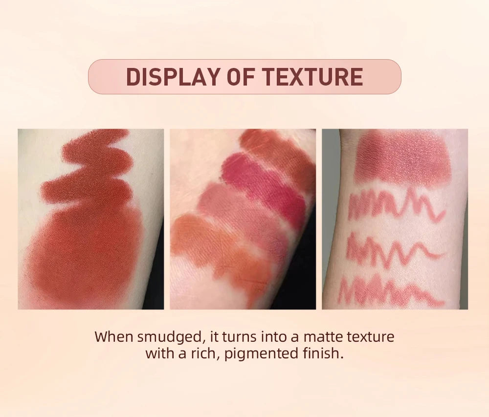 QIBEST matte lipstick and lipliner swatches showing rich, pigmented red and nude velvet textures on skin.