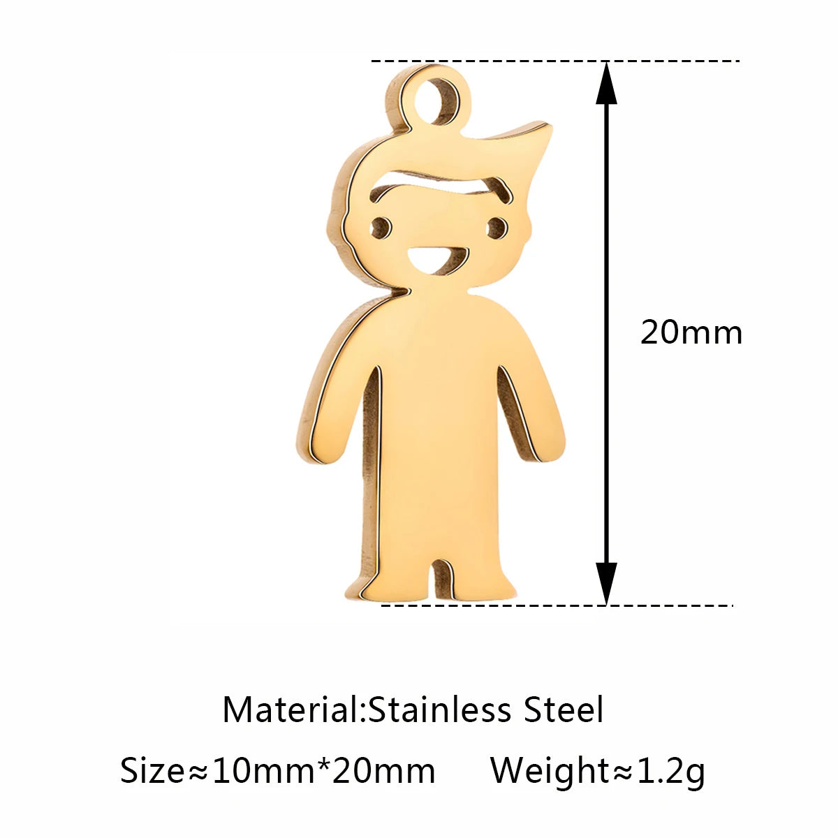 Gold-toned stainless steel boy pendant charm for DIY jewelry, necklaces, and bracelets, 20mm size.