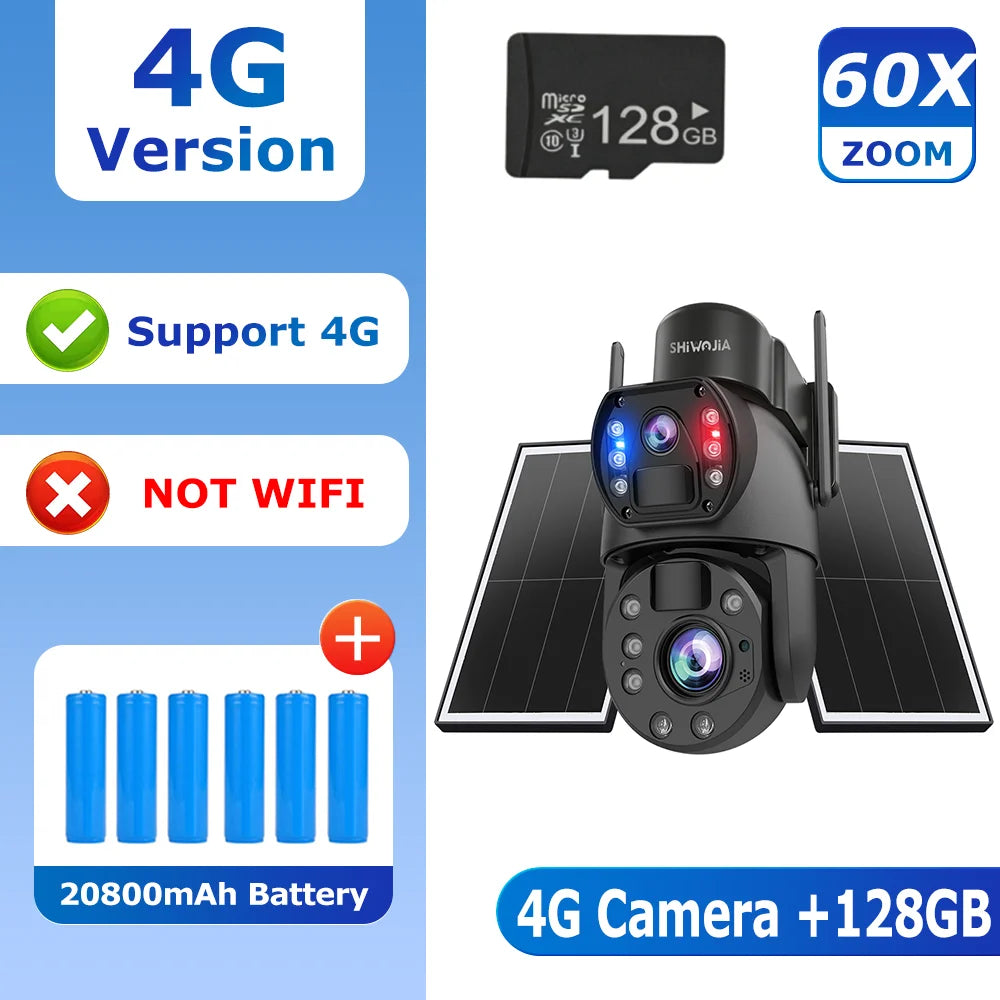 SHIWOJIA 4G Solar Security Camera Outdoor 60X Zoom Dual Screen 10MP WiFi PIR Detection AI Auto Tracking Camera UBOX