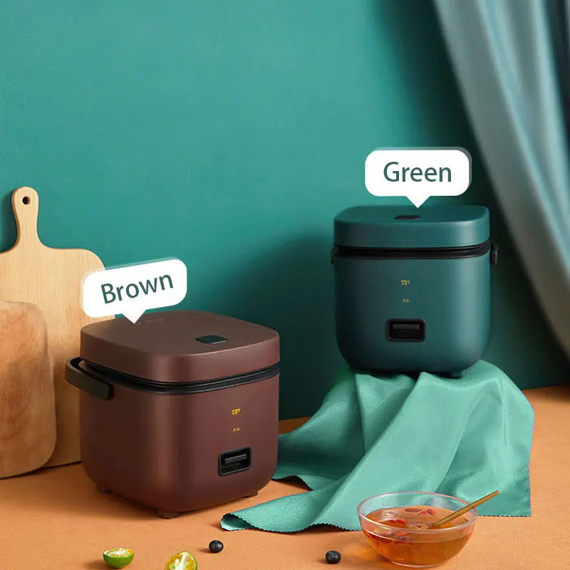 Green and brown mini electric rice cookers side by side with power ports