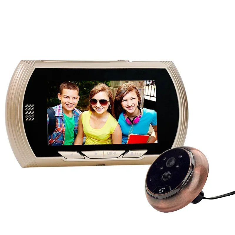 Smart digital door peephole camera system with monitor showing people photo and outdoor camera